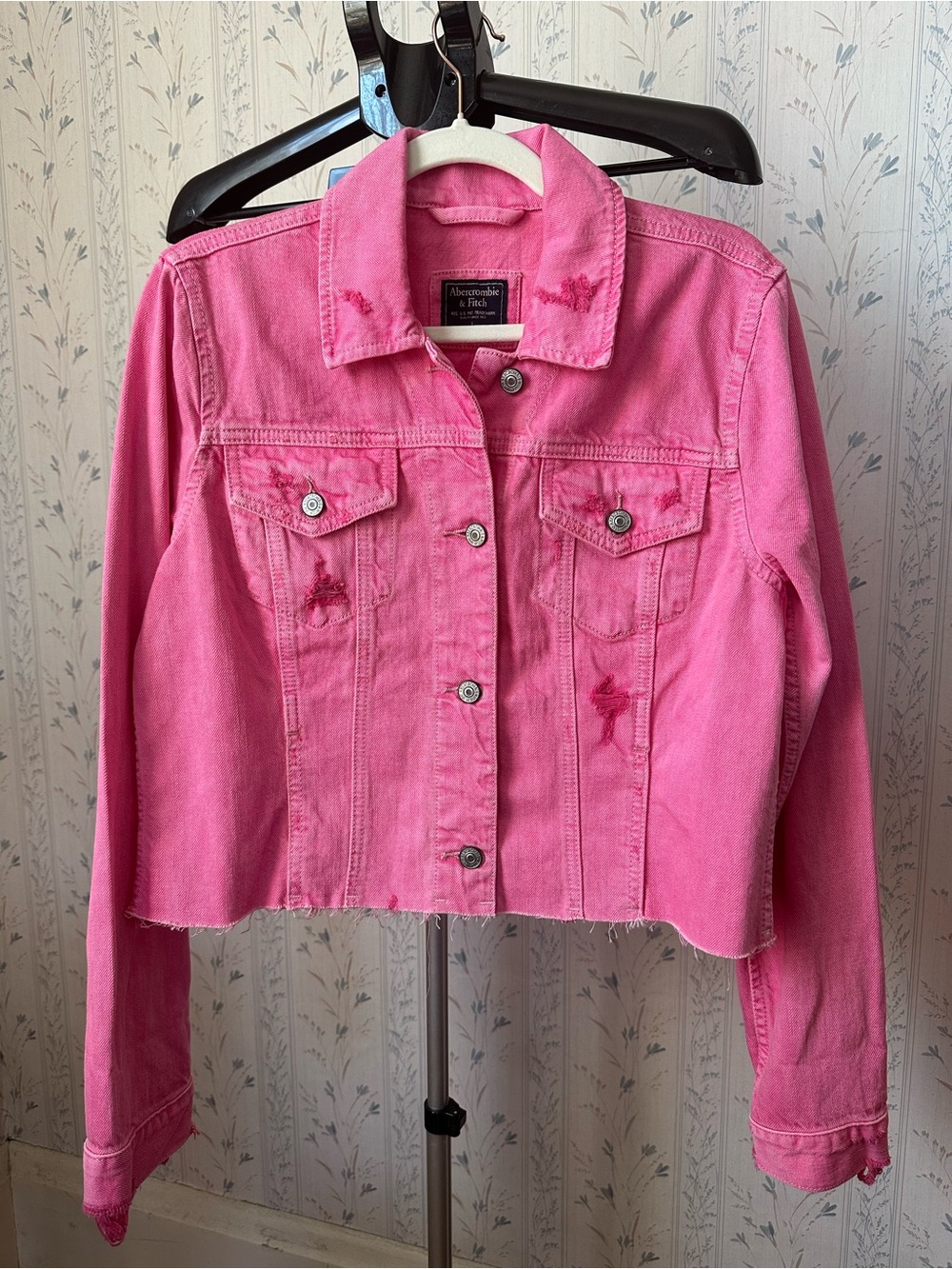 Abercrombie & Fitch Bright Pink Cropped Denim Jacket
